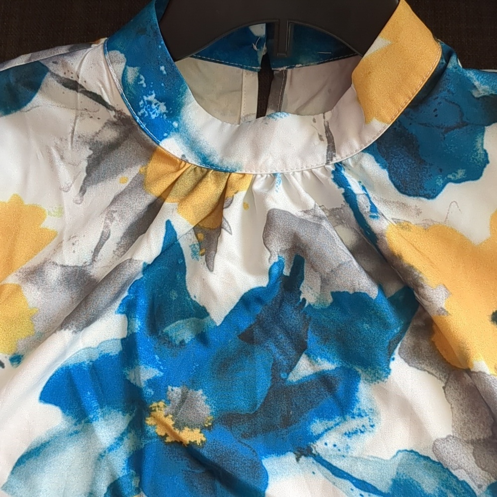 Women Blouse Turquoise/Tropical Print Ruffle Long Sleeves Size XXL - Picture 13 of 13